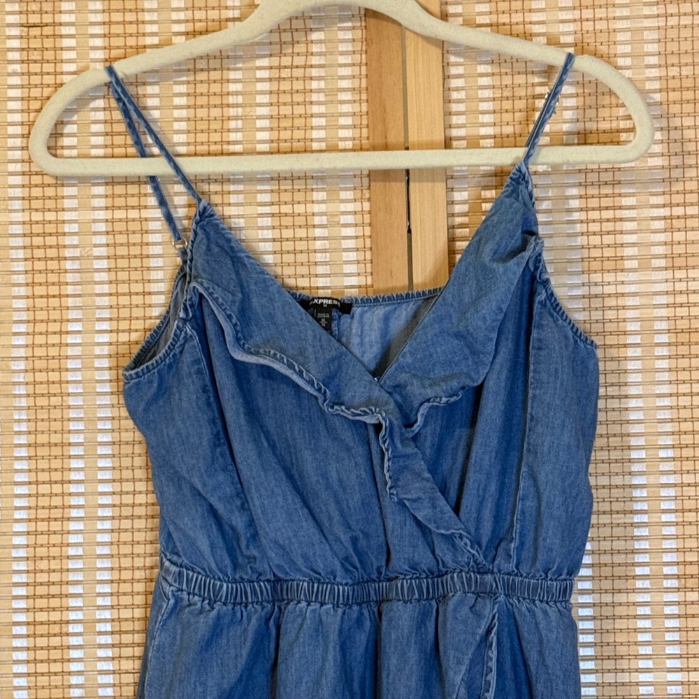 Express Blue Denim Ruffle Mini Dress - Picture 2 of 8